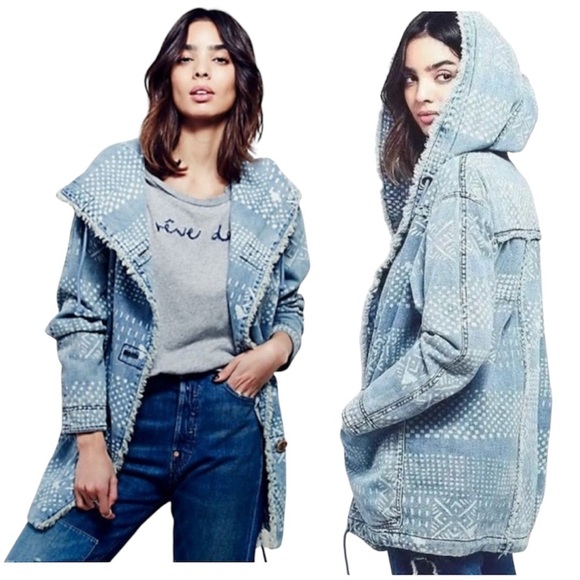 Free People Jackets & Blazers - Free People Faded Bleached Denim Chambray Hooded Parka Coat Fringe Boho Medium
